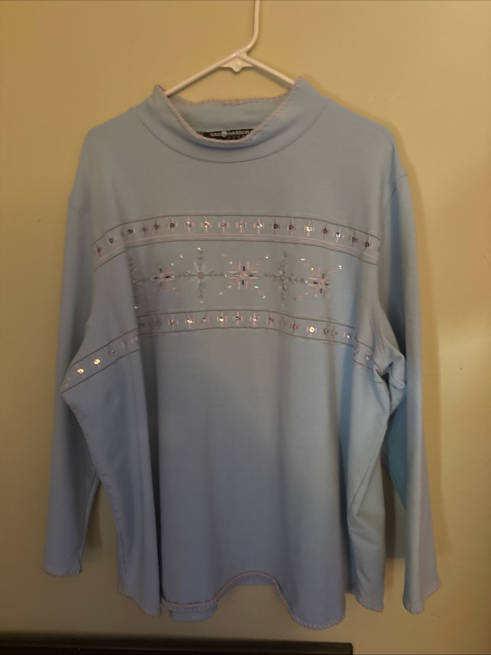 Sag Harbor Light Blue Embellished Mock Neck Sweater